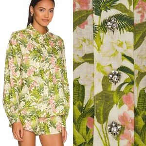 CAMI NYC Belkis Top in Tropics Print 100% Linen Green Pink Diamond Buttons XS